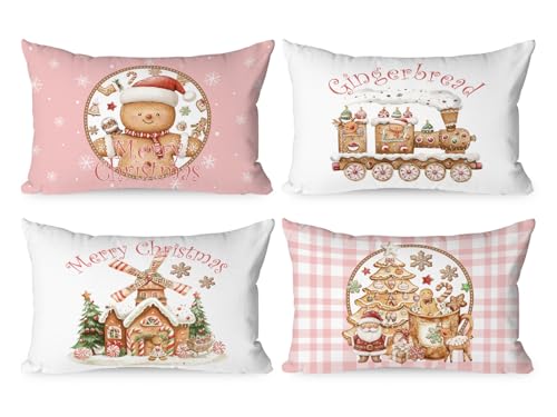 Christmas Throw Pillow Covers Set of 4 - 12x20 Pink Decorative Cushions