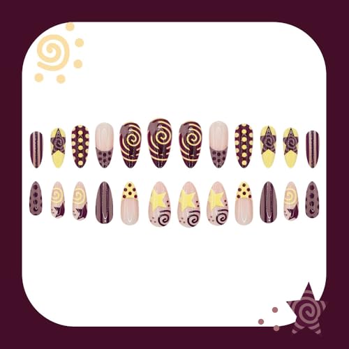 ZIFANHU Medium Almond Press on Nails Purple Brown French False Nail Kit