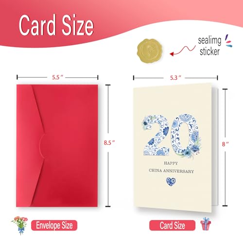 20th Anniversary Card with Envelope - Premium Quality, 8x5.3 Inches