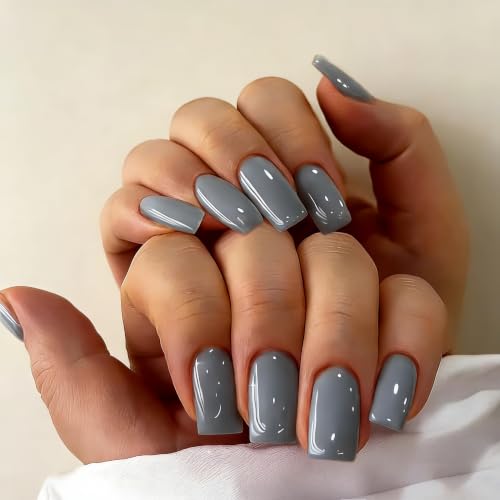 JOYVVEW Deep Gray Press On Nails Medium Square Glossy Fake Nails Set