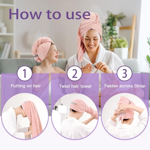 MAGO FAMILY MAGIC Microfiber Hair Towel Wrap, Large Anti-Frizz Turban - Pink