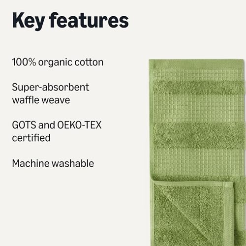 Amazon Basics Organic Cotton Waffle Dish Cloths - 6-Pack, 12x12 in, Ultra Absorbent & Lint-Free