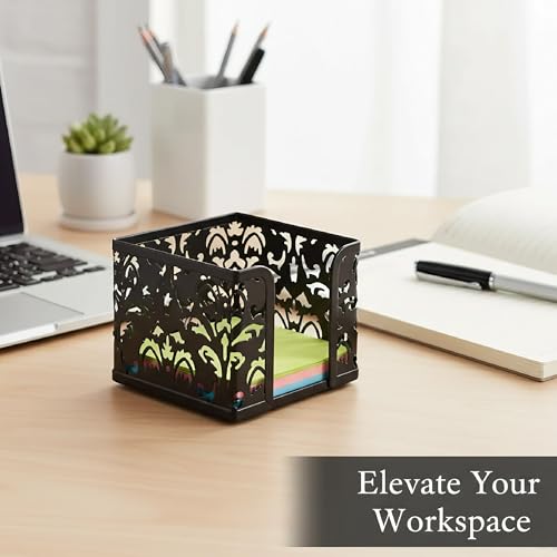 TOCCOOL Metal Note Cube Holder with Floral Carving - Desktop Organizer for 3x3 Inch Memo Pads, Black