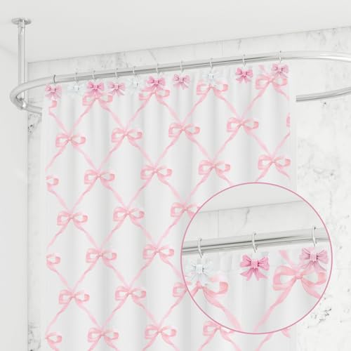 FYSUIMU 12Pcs Decorative Shower Curtain Hooks - Pink & White Bow