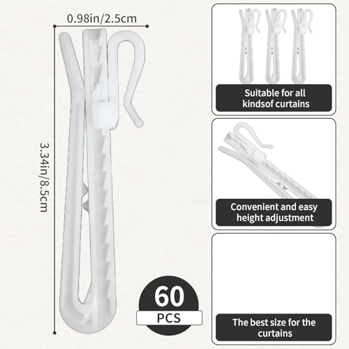 Paidiem 60 Pcs Adjustable Pinch Pleat Curtain Hooks - White Plastic Drapery Clips for Windows & Shower Curtains, Easy Install, Model 60