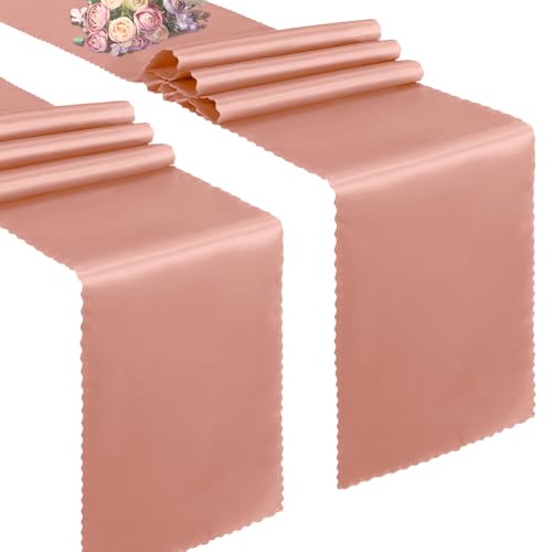 Rose Gold Satin Table Runner 12x108 Inch - 2 Pack with Scalloped Edges