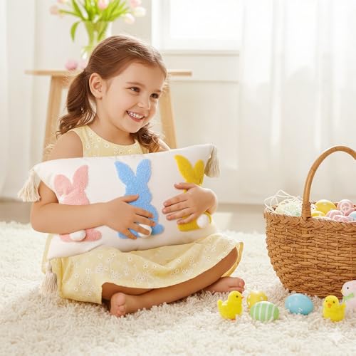 Easter Bunny Pillow Covers 12x20 Inch - Colorful Rustic Decor