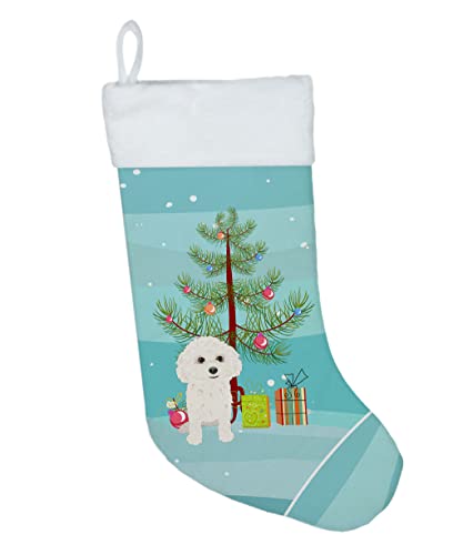 Christmas Stocking with Poodle Artwork - White Suede Feel, 18 Inch