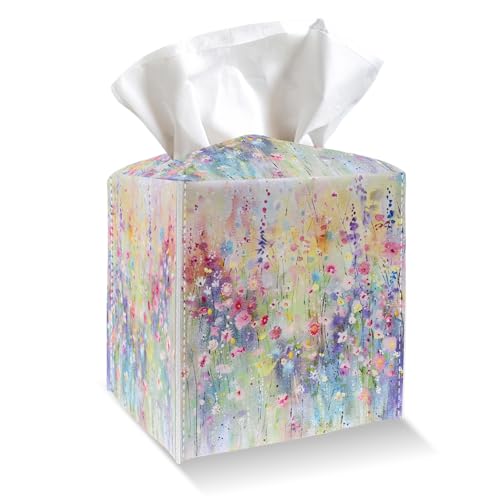 Colorful Flowers Square Tissue Box Cover - PU Leather Holder with Velcro