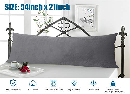 Luxury Velvet Body Pillow Cover 21x54 Inch with Zipper Grey Bed Pillow Protector