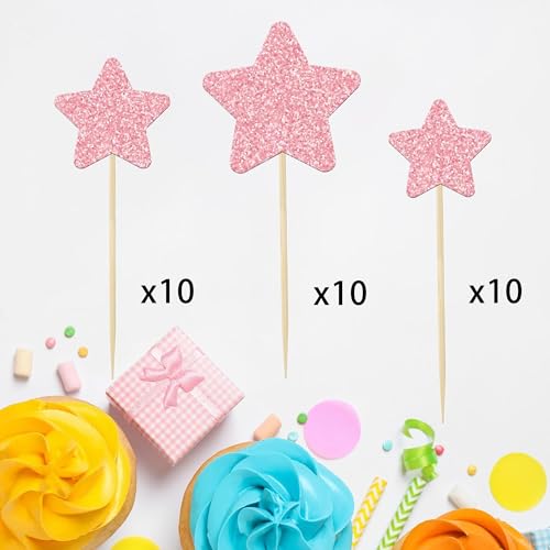 30 Glitter Star Cupcake Toppers for Birthday Parties - Pink