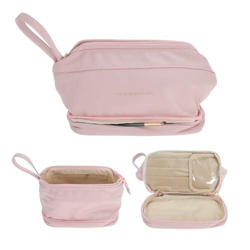 GLIDESMOOTH Double Layer Travel Makeup Bag - Waterproof PU Leather Toiletry Organizer with Brush Compartment, Pink