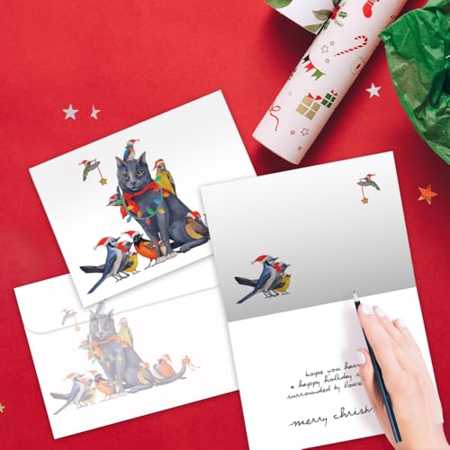 Whimsical Bird and Cat Christmas Cards - Eco-Friendly Recycled 10 Pack
