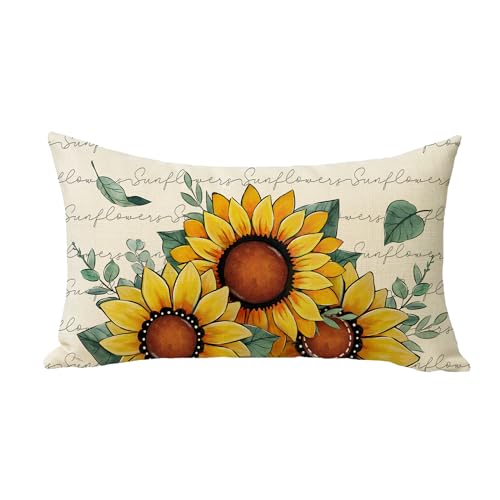 Sunflower Lumbar Throw Pillow Cover, 12x20 Inch Cotton Linen Case