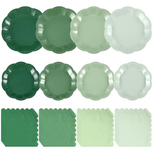 NatNarr Sage Green Plates & Napkins Set for Parties, 24 Guests, Scalloped Edges
