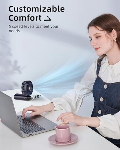 Koonie Portable Handheld Fan - 5 Speeds, Rechargeable, 8H Battery, 90° Tilt