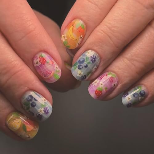 Fruit Press On Nails Short Square Cute Summer False Nails Floral Design