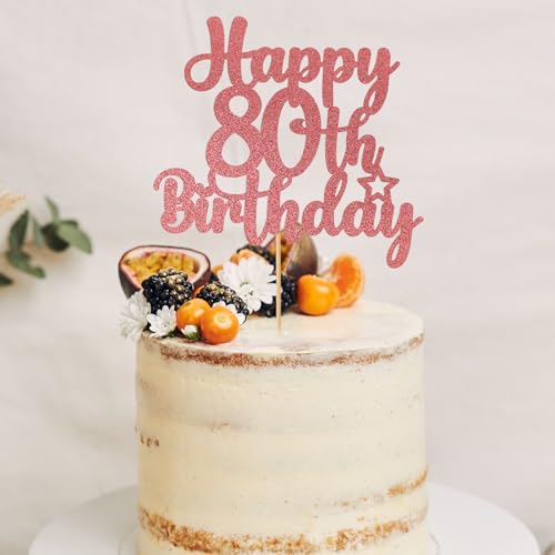 Rose Gold Happy 80th Birthday Cake Topper - Elegant Glitter Decoration