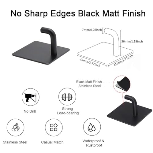 EDMILE 8 Pack Matte Black Adhesive Hooks, 90° Stainless Steel Wall Hooks
