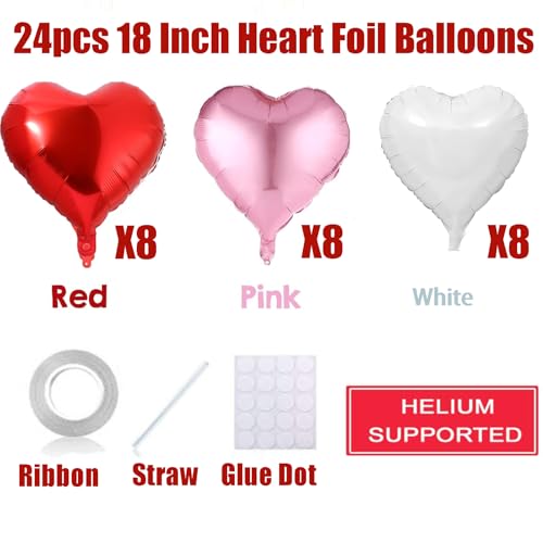 SPARKTUTU 24pcs 18 Inch Heart Foil Balloons Kit Red Pink White