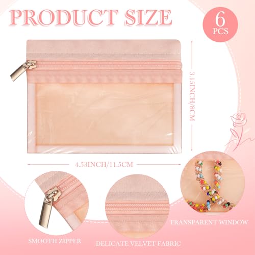 6 Pcs Velvet Travel Jewelry Bags Clear Portable Pouches Pink