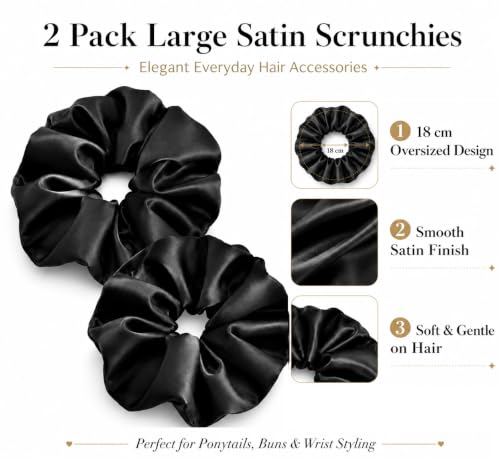 Utaly Jumbo Satin Silk Scrunchies 2 Set - Oversize Hair Ties for Thick Hair