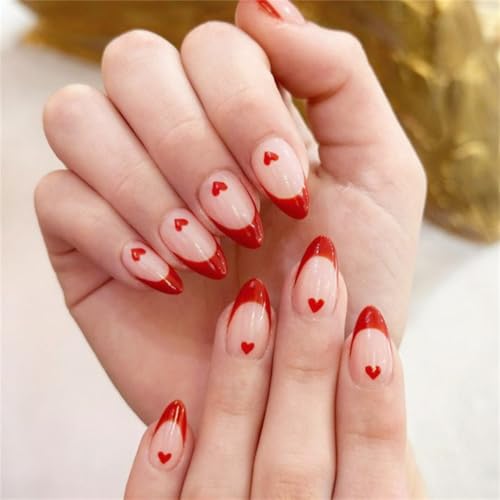 Valentines Press-On Nails Medium French Tip Heart Red Acrylic Fake Nails