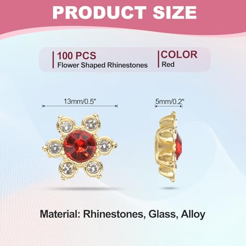 PATIKIL 100 Pcs 13mm Red Flower Flatback Glass Rhinestone Embellishments
