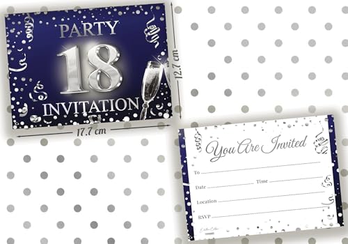 Elegant Dark Blue & Silver 18th Birthday Invitation Cards - Set of 10