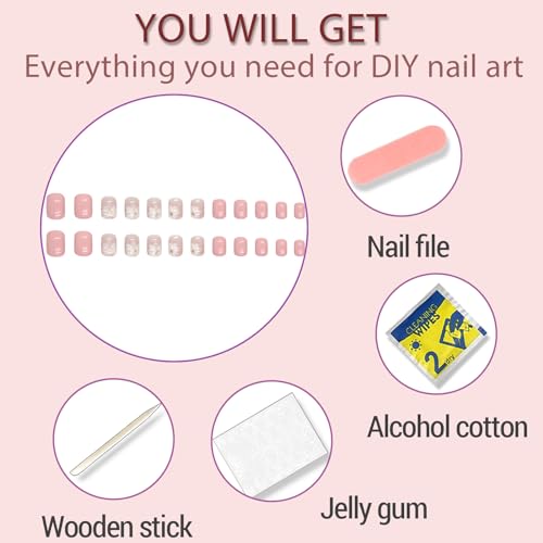 Short Square Glossy Pink Press On Nails with Camellia Design 32pcs