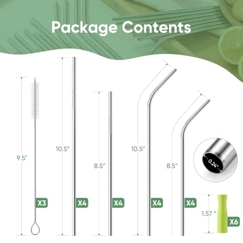 16 Pack Reusable Stainless Steel Straws with Silicone Tips & Cleaning Brushes