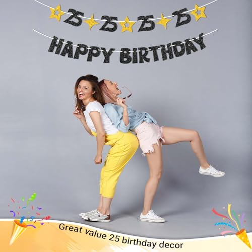 Happy 25th Birthday Banner - Pre-Strung Black & Gold Decorations