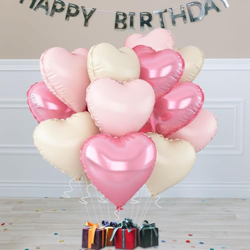 Pink Heart Balloons - 18 Inch Foil Balloons for Parties (12Pcs, Pink-2 Variation)