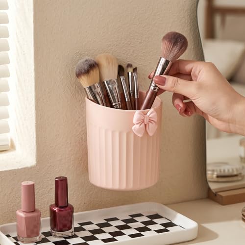 Exclaith Pink Wall-Mounted Makeup Brush Holder with Bow