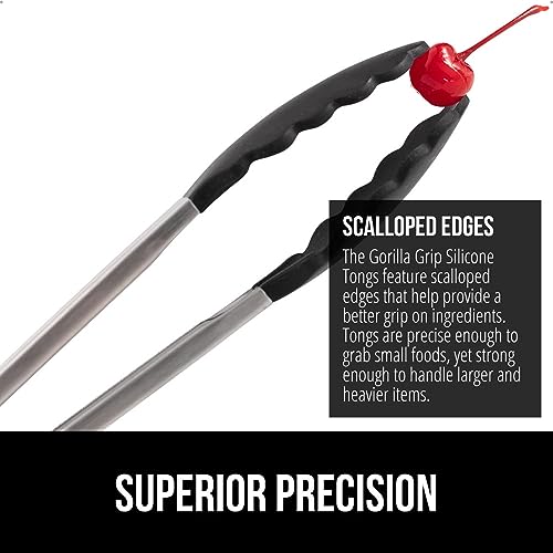 Gorilla Grip Stainless Steel Kitchen Tongs, 9" & 12" Set, Black Silicone Tips