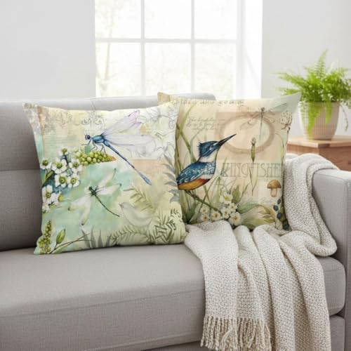 Set of 4 Bird Pillow Covers 18x18 - White Linen Farmhouse Decor