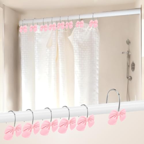 Pink Bow Shower Curtain Hooks - Set of 12 Cute Resin Bathroom Decor