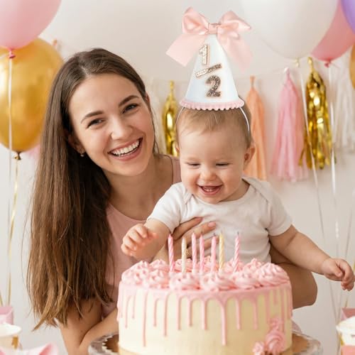 Pink Half Birthday Hat with Satin Bow - Glitter Cone Party Hat