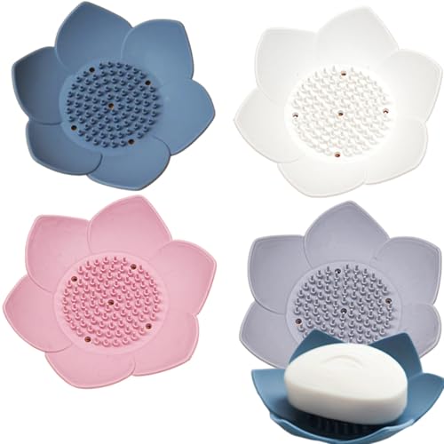 Lotus Flower Silicone Soap Dish Set - 4 Pcs Non-Slip Holder