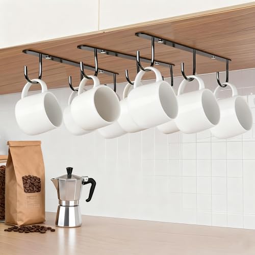 DEPAOTLUX 3pcs Under Cabinet Mug Hooks, Adhesive or Screw-In Cup Holder - Black