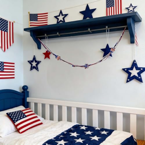 5.25FT Patriotic Garland - Red White Blue Wooden Decor for 4th of July