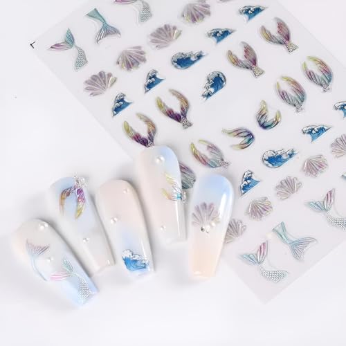 Holographic Mermaid Nail Stickers - 5D Embossed Shell & Scale Decals