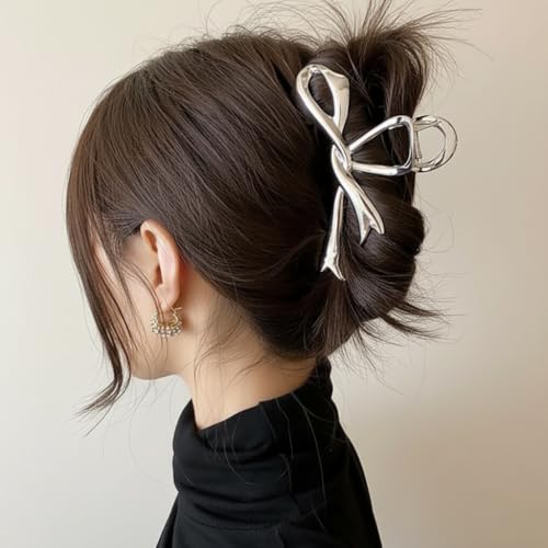 Metal Silver Hair Claw Clip with Ribbon Bow for Thick Hair