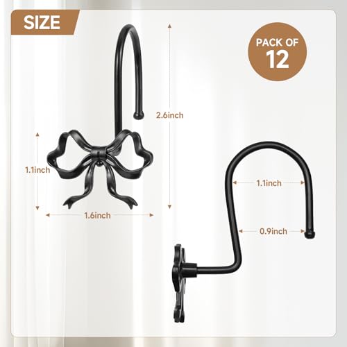 12 Pack Black Metal Bow Shower Curtain Hooks – Rustproof Bathroom Decor