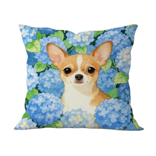Blue Hydrangea Chihuahua Pillow Cover 18x18 - Soft Flannel