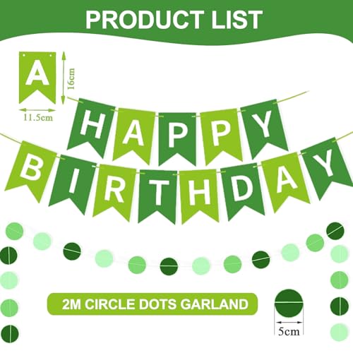Green Happy Birthday Decorations Set with Banner, Garland, and 14 Balloons