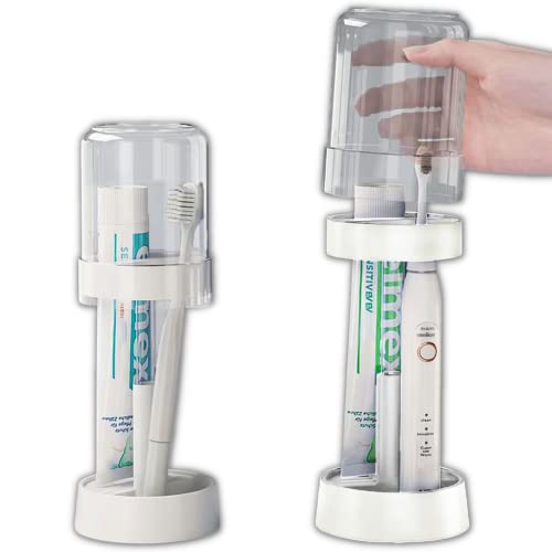 White Toothbrush Holder with Cup - 2 Slots for Electric & Manual Brushes