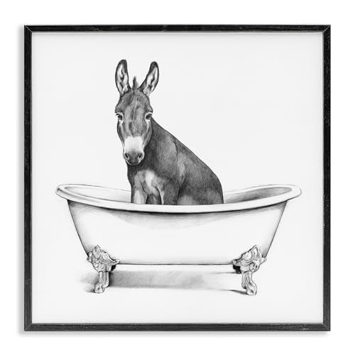 Stupell Industries Donkey in Claw Tub Farm Animal Bathroom Sketch, 12 x 12, Black Framed