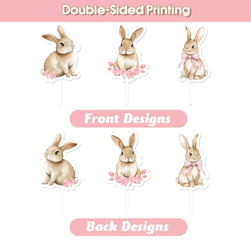 36 Pcs Bunny Cupcake Toppers with Pink Bow - Floral Rabbit Theme Decorations