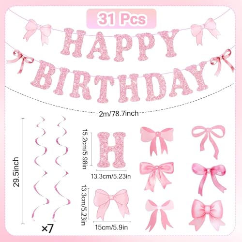 Pink Bow Birthday Banner Set with Happy Birthday Decorations